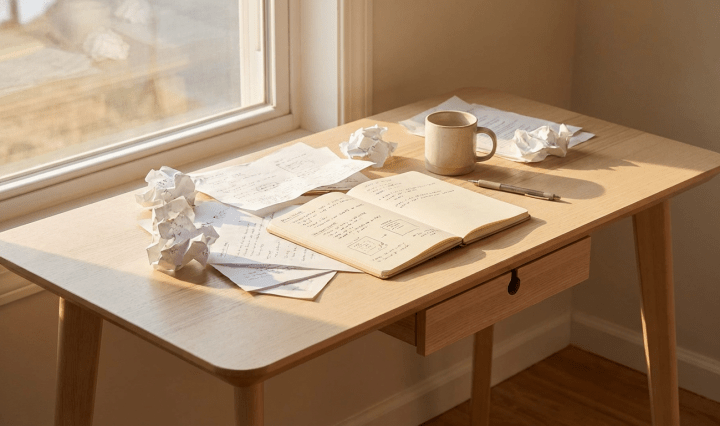 Sunlit wooden desk with an open notebook, scattered papers, a pen, and a coffee mug.