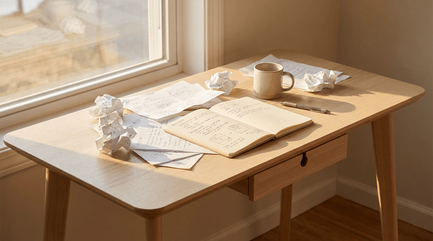 Sunlit wooden desk with an open notebook, scattered papers, a pen, and a coffee mug.