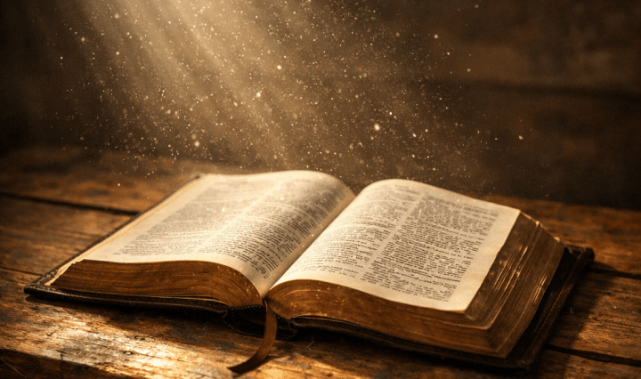 Open old book with text on wooden table illuminated by sun rays