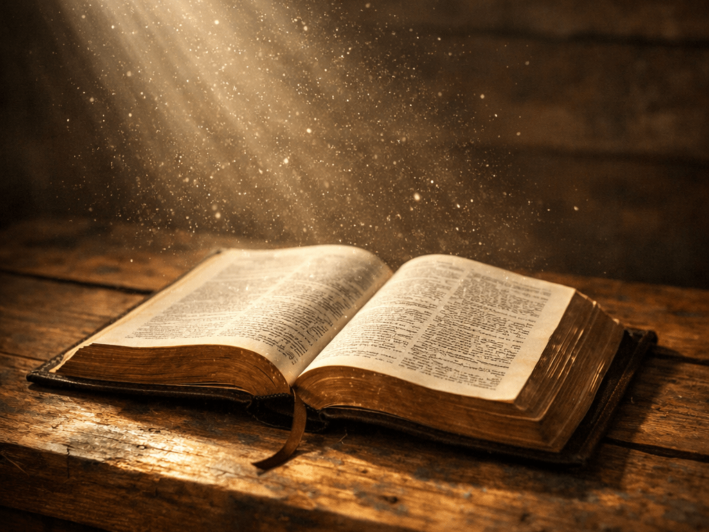 Open old book with text on wooden table illuminated by sun rays
